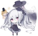  1girl bangs bare_shoulders black_choker black_dress black_gloves black_headwear black_legwear black_ribbon blush chibi choker closed_mouth cottontailtokki dress elbow_gloves eyebrows_visible_through_hair frilled_dress frills full_body gloves granblue_fantasy hair_between_eyes hair_ribbon hat head_tilt highres long_hair looking_at_viewer mini_hat orchis red_eyes ribbon shingeki_no_bahamut silver_hair simple_background standing strapless strapless_dress thighhighs tilted_headwear torn_clothes torn_legwear twintails very_long_hair white_background 