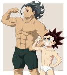 abs age_difference akaba_aiga aqua_eyes bandaid bandaid_on_face beyblade:_burst black_hair briefs brown_hair bulge eye_contact eyebrows face_painting flexing height_difference highres kikujizo looking_at_another looking_at_viewer muscle navel nipples ou_houi pose red_eyes size_difference twitter_username underwear white_briefs 