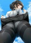  1girl ass black_hair black_legwear blue_sky braid cowboy_shot crotch_seam crown_braid day from_behind from_below halterneck hands_up highres lifted_by_self long_sleeves looking_at_viewer looking_back looking_down nemu_(nebusokugimi) niijima_makoto outdoors panties panties_under_pantyhose pantyhose persona persona_5 purple_eyes shirt short_hair sidelocks skirt skirt_lift sky solo turtleneck underwear zipper 