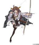 1girl ahoge arrow bare_shoulders boots bow_(weapon) breasts brown_eyes brown_hair brown_skirt cannon commentary commission detached_sleeves double_bun frilled_skirt frills hairband headgear highres holding holding_bow_(weapon) holding_weapon japanese_clothes kantai_collection kongou_(kantai_collection) long_hair medium_breasts nontraditional_miko pleated_skirt quiver remodel_(kantai_collection) ribbon-trimmed_sleeves ribbon_trim rigging satyarizqy simple_background skirt solo standing standing_on_one_leg thigh_boots thighhighs turret weapon white_background yumi_(bow) 
