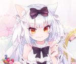  1girl animal_ear_fluff animal_ears azur_lane bangs bare_shoulders black_bow bow breasts cake cat_ears closed_mouth commentary_request detached_sleeves dress eyebrows_visible_through_hair fingernails food food_on_face fork frilled_dress frilled_sleeves frills hair_bow hair_ribbon highres holding holding_fork long_hair looking_at_viewer medium_breasts mirror ribbon shichijou_natori sidelocks smile solo two_side_up umbrella white_hair white_ribbon yellow_eyes yukikaze_(azur_lane) yukikaze_(swings-sama)_(azur_lane) 