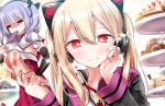 2girls ajax_(azur_lane) azur_lane bangs beret blonde_hair blush breasts capelet cat_ear_headphones closed_eyes concord_(azur_lane) detached_sleeves eating food full_mouth hair_between_eyes hair_ribbon hand_on_own_cheek hat headphones holding holding_food jacket long_hair long_sleeves looking_at_viewer multiple_girls oouso open_clothes open_jacket purple_hair red_eyes red_skirt retrofit_(azur_lane) ribbon shaded_face skirt small_breasts star star-shaped_pupils sweat symbol-shaped_pupils twintails two_side_up white_headwear 