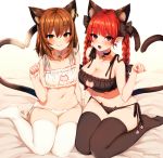  2girls animal_band_legwear animal_ears bell bell_choker black_panties blush bow bra braid breasts brown_hair cat_band_legwear cat_cutout cat_ear_panties cat_ears cat_lingerie cat_tail chen choker cleavage cleavage_cutout extra_ears frilled_bra frills hair_bow heart heart_tail jingle_bell kaenbyou_rin lingerie long_hair looking_at_viewer marota meme_attire multiple_girls multiple_tails navel open_mouth panties paw_pose red_eyes red_hair short_hair side-tie_panties sitting small_breasts smile tail thighhighs touhou twin_braids underwear underwear_only white_bra white_legwear white_panties 