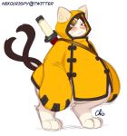  3_toes :&lt; anthro asian_mythology blazblue blush cloak clothing domestic_cat east_asian_mythology eye_patch eyewear felid feline felis fur hi_res hoodie japanese_mythology jubei_(blazblue) kaka_(blazblue) looking_at_viewer male mammal melee_weapon multi_tail mythology nekocrispy nekomata overweight overweight_male red_eyes simple_background standing sword toes topwear video_games weapon whiskers white_background white_fur yōkai 