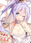  1girl ahoge apron azur_lane bangs bare_shoulders blue_eyes blush breasts cake character_doll cleavage day eyebrows_visible_through_hair fang food heart heart-shaped_pupils heart_ahoge highres holding holding_tray indianapolis_(azur_lane) indoors kitchen large_breasts long_hair looking_at_viewer one_eye_closed open_mouth ponytail portland_(azur_lane) purple_hair side_ponytail skin_fang smile symbol-shaped_pupils tray unacchi_(nyusankin) very_long_hair white_apron window 