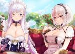 2girls anniversary azur_lane belfast_(azur_lane) blue_eyes blue_sky blurry braid breasts chain choker cleavage closed_mouth cloud collar collarbone cup day depth_of_field dress gauntlets gloves hairband hand_up holding holding_cup large_breasts long_hair looking_at_another maid maid_headdress mery_(apfl0515) multiple_girls one_eye_closed outdoors parted_lips puffy_short_sleeves puffy_sleeves red_eyes short_hair short_sleeves sidelocks silver_hair sirius_(azur_lane) sitting sky smile teacup turret underbust white_dress white_gloves white_hair wrist_cuffs 