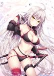  1girl ahoge belt bikini black_bikini black_gloves black_jacket blush breasts cropped_jacket fate/grand_order fate_(series) gloves hand_in_hair jacket jeanne_d&#039;arc_(alter_swimsuit_berserker) jeanne_d&#039;arc_(fate)_(all) katana large_breasts long_hair looking_at_viewer o-ring o-ring_bikini o-ring_bottom o-ring_top red_legwear shikitani_asuka shrug_(clothing) silver_hair single_thighhigh solo standing swimsuit sword thighhighs very_long_hair weapon yellow_eyes 