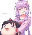  2girls amekaze_yukinatsu animal_hood black_hair bow bunny_hair_ornament bunny_hood collarbone crossover hair_bow hair_ornament hair_tubes hakurei_reimu headset highres holding hood long_hair low_twintails multiple_girls open_mouth purple_eyes purple_hair short_hair_with_long_locks smile sweater touhou twintails upper_body voiceroid yukkuri_shiteitte_ne yuzuki_yukari 