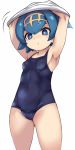  1girl armpits arms_up blue_eyes blue_hair breasts cameltoe covered_navel hairband highres karukan_(monjya) lifted_by_self one-piece_swimsuit pokemon pokemon_(game) pokemon_sm school_swimsuit shirt shirt_lift short_hair simple_background small_breasts solo suiren_(pokemon) swimsuit swimsuit_under_clothes thighs undressing white_background white_shirt 