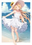  1girl bangs bare_shoulders barefoot beach blonde_hair blush breasts closed_eyes cloud collarbone commentary_request day dress elf eyebrows_visible_through_hair flower hat hat_flower highres long_hair medium_breasts ocean original pointy_ears solo sun_hat sundress sunflower takunomi water white_dress 