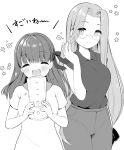  2girls aizawa85 bangs blush breasts closed_eyes commentary_request dress eyebrows_visible_through_hair fate/stay_night fate_(series) glasses greyscale hair_ribbon holding large_breasts long_hair looking_at_viewer matou_sakura mixer_(cooking) monochrome multiple_girls ribbon rider shirt short_sleeves translation_request 