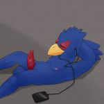  1:1 2019 anthro argon_vile avian beak bird blue_feathers earbuds erection eyes_closed falco_lombardi feathers grey_background hands_behind_head headphones hi_res lying male nintendo nipples nude on_back penis portable_music_player side_view signature simple_background solo star_fox video_games 