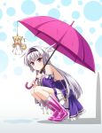  1girl boots highres kyuutou_(kyuutouryuu) long_hair original parasol purple_eyes rubber_boots silver_hair thigh_boots thighhighs umbrella 