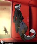  anthro bagelcollector clothed clothing fur gun handgun hat headgear headwear hi_res male open_mouth pistol ranged_weapon sergal solo standing weapon 
