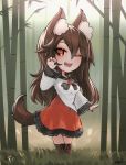  1girl animal_ear_fluff animal_ears bamboo bamboo_forest brooch brown_hair chibi claw_pose dress ehrrr fangs forest hair_between_eyes highres imaizumi_kagerou jewelry long_hair nature one_eye_closed red_eyes red_nails smile solo tail touhou two-tone_dress wide_sleeves wolf_ears wolf_girl wolf_tail 