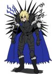  1boy anger_vein angry armor black_armor blonde_hair blue_cape cape clenched_hands clenched_teeth dimitri_alexandre_bladud eyepatch fire_emblem fire_emblem:_three_houses highres hunched_over male_focus older oragamura999 simple_background spiked_armor teeth white_background 