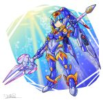  1girl adapted_costume android blue_eyes blue_gloves bodysuit boots breasts covered_navel elbow_gloves full_body gloves helmet highres holding large_breasts leviathan_(rockman) oomasa_teikoku polearm rockman rockman_zero signature skin_tight solo spear standing thigh_boots thighhighs weapon 