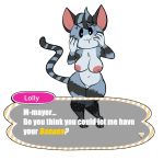  animal_crossing anthro big_breasts bodily_fluids breasts dialogue domestic_cat drooling english_text felid feline felis female fur hair hi_res iamaneagle_(artist) lolly_(animal_crossing) mammal nintendo nipples nude saliva simple_background smile solo tabby_cat text video_games 