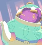  @_@ aquabluu blush gen_8_pokemon highres no_humans pokemon pokemon_(creature) pokemon_(game) pokemon_swsh polteageist purple_background simple_background solo teapot 