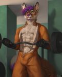  2019 5_fingers abs anthro bulge canid canine clothed clothing digital_media_(artwork) fingers fox fur green_eyes hair honovy male mammal orange_fur purple_hair purple_nose solo standing white_fur 