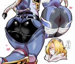  1girl ass bandages belt blonde_hair bodysuit close-up commentary_request doboshiru hair_over_one_eye heart long_hair multiple_views red_eyes sheik simple_background skin_tight solo super_smash_bros. the_legend_of_zelda thick_thighs thighs translation_request white_background wide_hips 