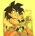  1boy animal bah_(dragon_ball) black_eyes black_hair boots broly_(dragon_ball_super) candy candy_bar chewing chibi clenched_teeth clothes_around_waist commentary_request crossed_legs day dragon_ball dragon_ball_super_broly drooling eating facial_scar fenyon fingernails food food_on_face full_body holding holding_food light_rays male_focus muscle outdoors purple_legwear red_eyes saliva scar scar_on_cheek shirtless sitting spiked_hair sunlight teeth torn_clothes torn_legwear twitter_username waist_cape white_footwear wristband 
