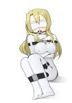  1girl ball_gag blindfold blonde_hair blush bodysuit bound bound_arms bound_legs character_request check_copyright commentary_request covered_nipples full_body ga_geijutsuka_art_design_class gag impossible_clothes solo straitjacket tied_up white_background zubishi! 