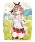  1girl atelier_(series) atelier_ryza belt breasts brown_eyes brown_gloves brown_hair brown_legwear chicami cleavage collarbone gloves grass hair_ornament hairclip hat jewelry leaf looking_at_viewer medium_breasts navel necklace open_mouth red_shorts reisalin_stout short_hair short_shorts shorts single_glove solo star thighhighs white_headwear white_legwear 