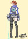  1girl akira_howard artist_request ass astral_chain boots brown_eyes brown_hair chain full_body gloves highres jacket knee_boots looking_at_viewer police police_uniform short_hair simple_background solo thick_lips uniform 