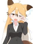  1girl alternate_costume animal_ears brown_hair buttons collared_shirt commentary_request disheveled extra_ears eyebrows_visible_through_hair ezo_red_fox_(kemono_friends) finger_to_eye formal fox_ears fox_tail grey_jacket hair_between_eyes ilyfon133 jacket kemono_friends long_hair multicolored_hair office_lady one_eye_closed open_mouth orange_hair shirt sleepy solo suit suit_jacket tail upper_body white_hair white_shirt yellow_eyes 