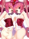  2girls ass bare_shoulders bottomless breasts brown_eyes character_request face-to-face hand_on_own_ass hat highres holding_hands long_hair marisayaka multiple_girls navel neneka_(princess_connect) nipples no_bra open_clothes open_shirt pink_eyes pink_hair pink_headwear pointy_ears princess_connect! princess_connect!_re:dive red_shirt shirt siblings sisters small_breasts strapless thighs tubetop twins twintails very_long_hair 