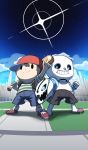  2boys baseball_bat blue_eyes bone cosplay gasterblaster hat highres hood jacket looking_at_viewer male_focus mask mother_(game) mother_2 multiple_boys ness phiphi-au-thon sans sans_(cosplay) skeleton smile super_smash_bros. undertale weapon 