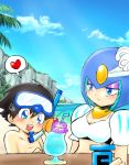  1boy 1girl android beach black_hair blue_eyes blue_sky blush breasts capcom child diving_mask_on_head energy_tank eyeshadow heart helmet makeup ocean open_mouth rockman rockman_(character) rockman_(classic) rockman_9 sky smile snorkel splash_woman spoken_heart tom_cat white_bikini_top 