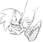  anthro black_and_white bodily_fluids clothing den255 disembodied_hand duo eulipotyphlan footwear gloves handwear hedgehog human looking_up male mammal micro monochrome shoes sitting sketch sonic_(series) sonic_the_hedgehog sweat sweatdrop tickling 