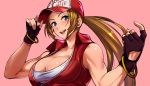  1girl baseball_cap blonde_hair blue_eyes breasts fatal_fury genderswap genderswap_(mtf) gloves hat jacket looking_at_viewer muscle muscular_female puca-rasu smile snk snk_heroines:_tag_team_frenzy solo terry_bogard the_king_of_fighters 