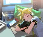  1boy arm_support arm_warmers black_collar blonde_hair book closed_eyes collar collared_shirt commentary computer desk glass green_pillow handheld_game_console hard_drive head_on_hand head_rest headphones indoors instrument kagamine_len keyboard_(computer) keyboard_(instrument) light_blush male_focus monitor naoko_(naonocoto) necktie parted_lips pillow sailor_collar school_uniform shirt short_hair short_ponytail short_sleeves sleeping solo speaker spiked_hair vocaloid white_shirt yellow_neckwear 