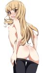  1girl ass blonde_hair blush breasts eyebrows_visible_through_hair glasses long_hair looking_at_viewer looking_back nipples nude open_mouth paburisiyasu panties pantyhose pantyhose_pull partially_undressed perrine_h_clostermann small_breasts solo strike_witches topless turning_head underwear undressing white_panties world_witches_series yellow_eyes 