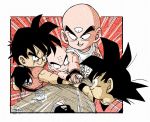 6+boys bald black_eyes black_hair blush_stickers bowl_cut chaozu clothes_writing commentary_request cup dougi dragon_ball dragon_ball_z facial_scar facing_away fenyon fingernails frown grin hands_together head_out_of_frame kuririn long_hair looking_down male_focus multiple_boys outside_border outstretched_hand pale_skin parted_lips ponytail profile saucer scar scar_on_cheek shirt simple_background sleeves_rolled_up smile son_gohan son_gokuu spiked_hair spoon table teacup tenshinhan third_eye twitter_username upper_body v-shaped_eyebrows white_background white_shirt wristband yamcha 
