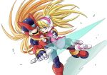  1boy 1girl android bangs blonde_hair blue_eyes ciel_(rockman) energy_sword gloves hair_between_eyes hand_on_another&#039;s_back headgear helmet high_ponytail holding holding_weapon long_hair open_mouth ponytail rockman rockman_zero simple_background smile sword user_dmeh8545 very_long_hair weapon white_background white_gloves zero_(rockman) 
