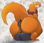  2019 anthro anus balls big_balls big_butt bottomless butt clothed clothing fur gumcrate hair hi_res huge_anus huge_balls hyper hyper_balls looking_at_viewer looking_back male mammal mustela mustelid musteline orange_fur orange_hair puffy_anus rear_view shirt simple_background solo standing topwear 