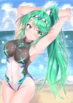  1girl armpits arms_up artist_name bangs bare_shoulders beach black_swimsuit blue_sky blush breasts cloud cocoasabure competition_swimsuit covered_navel cowboy_shot earrings gradient gradient_background green_eyes green_hair highres jewelry long_hair looking_at_viewer medium_breasts ocean one-piece_swimsuit open_mouth pneuma_(xenoblade_2) ponytail pose shiny shiny_clothes signature sky smile solo spoilers standing swept_bangs swimsuit thighs tiara turtleneck very_long_hair xenoblade_(series) xenoblade_2 