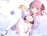  6u_(eternal_land) apron bikini blue_eyes blush breasts cake cropped flowers food go-toubun_no_hanayome headdress maid nakano_nino open_shirt pink_hair scan short_hair swimsuit thighhighs twintails underboob water 