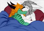  2014 anthro bed drekiin duo fur green_body grey_hair hair horn hug male nirvana3 nude on_bed orange_hair pillow signature simple_background sleeping slyger_magreiva vhaire_(scheibe) white_background white_fur 