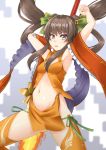  1girl arms_up ass_visible_through_thighs bad_proportions bangs bell breasts brown_eyes brown_hair double_bun flaming_weapon hair_bell hair_ornament highres long_hair looking_at_viewer midriff nataku_(sennen_sensou_aigis) navel open_mouth orange_legwear panties polearm sano_souichi sennen_sensou_aigis side-tie_panties sidelocks simple_background small_breasts solo thighhighs twintails underwear weapon 