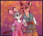  &lt;3 anthro canid canine clothed clothing cookware disney duo female flower flynn_rider fox frying_pan fur green_eyes grey_fur judy_hopps kitchen_utensils lagomorph leporid male mammal nick_wilde orange_fur plant purple_eyes rabbit rapunzel tangled_(disney) tools yelnatsdraws zootopia 