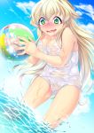  1girl ball bare_arms bare_legs bare_shoulders beachball blue_sky blush breasts cleavage cowboy_shot day dripping drooling furrowed_eyebrows green_eyes holding holding_beachball long_hair menstruation minamoto nose_blush open_mouth original outdoors platinum_blonde_hair school_swimsuit shiny shiny_skin sky solo swimsuit tampon textless transparent wading wavy_mouth white_school_swimsuit white_swimsuit 