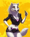  5_fingers bottomwear breasts canid canine canis claws cleavage clothed clothing fangs female fingers fur hair jacket leather leather_jacket mammal shinigamigirl short_shorts shorts small_waist smile solo talu topwear white_fur white_hair wide_hips wolf yellow_eyes 