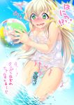  /\/\/\ 1girl ball bare_arms bare_legs bare_shoulders beachball blue_sky blush breasts cleavage commentary_request cowboy_shot day dripping drooling furrowed_eyebrows green_eyes heart holding holding_beachball long_hair menstruation minamoto nose_blush open_mouth original outdoors platinum_blonde_hair school_swimsuit shiny shiny_skin sky solo speech_bubble swimsuit tampon translation_request transparent wading wavy_mouth white_school_swimsuit white_swimsuit 