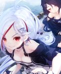  2girls ahoge azur_lane bandaid bandaid_on_nose bare_shoulders black_hair black_legwear blush breasts cassin_(azur_lane) cleavage collarbone downes_(azur_lane) fingerless_gloves gloves hair_ornament hairclip heterochromia jewelry kurenai_musume long_hair looking_at_viewer low_ponytail mole mole_under_eye multicolored_hair multiple_girls open_mouth red_eyes small_breasts smile thighhighs white_hair yellow_eyes 