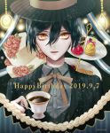  1boy alternate_costume artist_name black_hair black_headwear coffee coffee_cup commentary_request cup danganronpa dated disposable_cup flower food formal hair_between_eyes happy_birthday hat holding jacket looking_at_viewer new_danganronpa_v3 open_mouth red_flower red_rose ribbon rose saihara_shuuichi sakuyu shirt short_hair solo striped_hat striped_jacket white_shirt yellow_eyes yellow_ribbon 